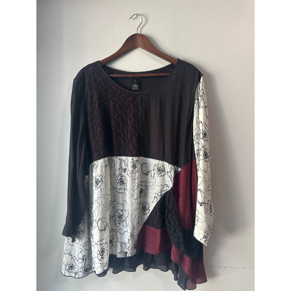 Ali Miles Womens 3X Blouse Mixed Media Floral Lace Colorblock Dark Cottagecore